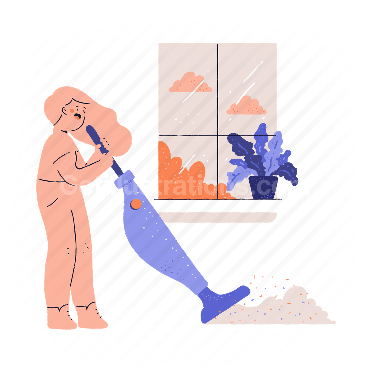 woman, female, person, cleaning, housekeeping, vacuum, cleaner, home, window, plant